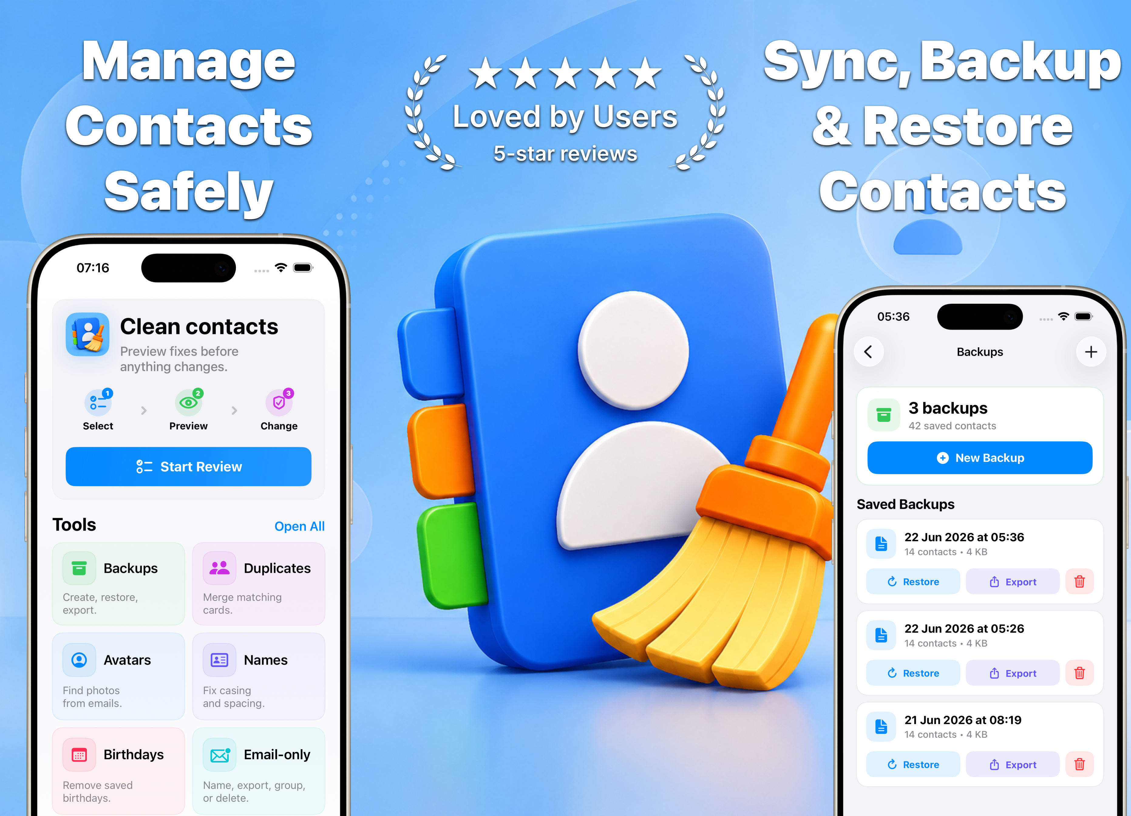 Contact Cleaner hero graphic showing safe contact cleanup, Google sync, backups, and restore tools