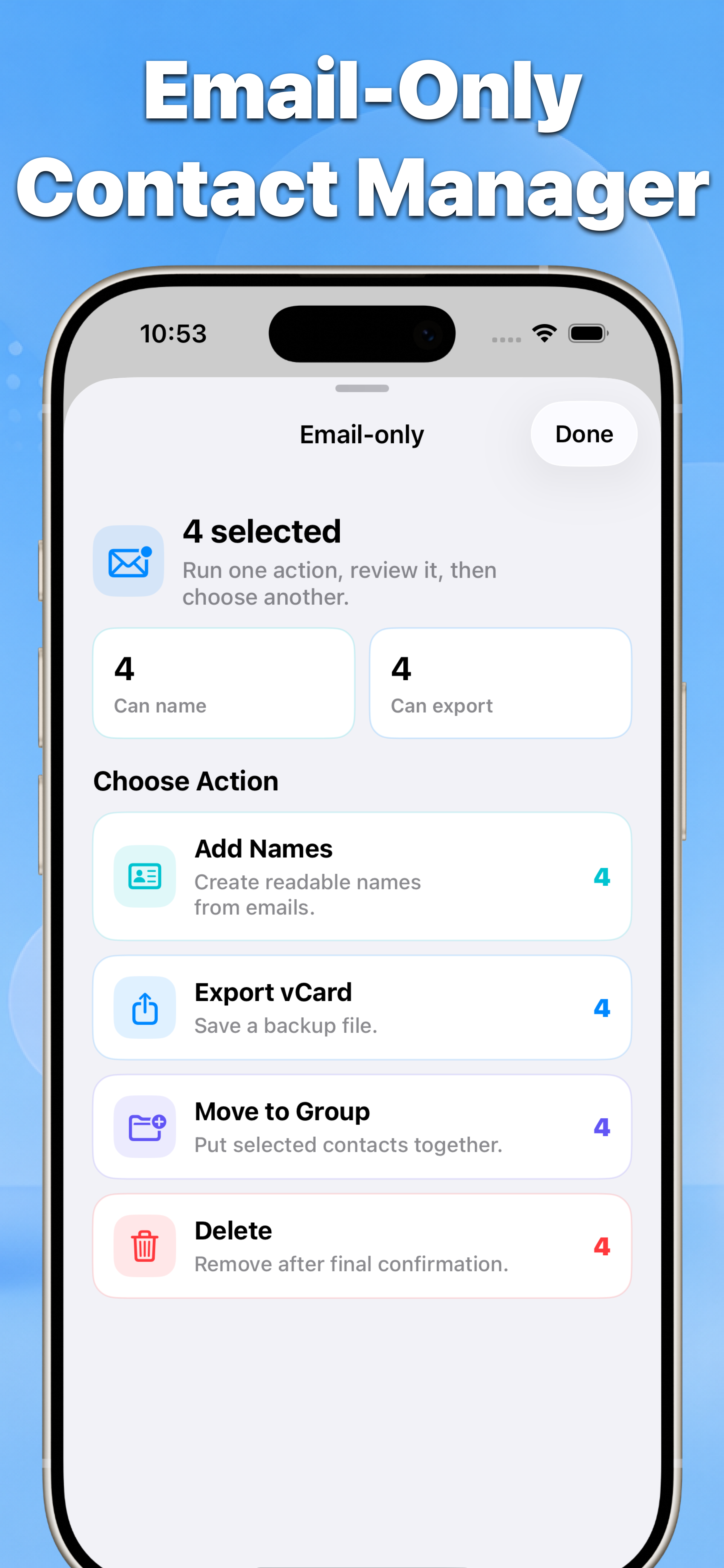 Contacts email-only contact manager with name, export, group, and delete actions
