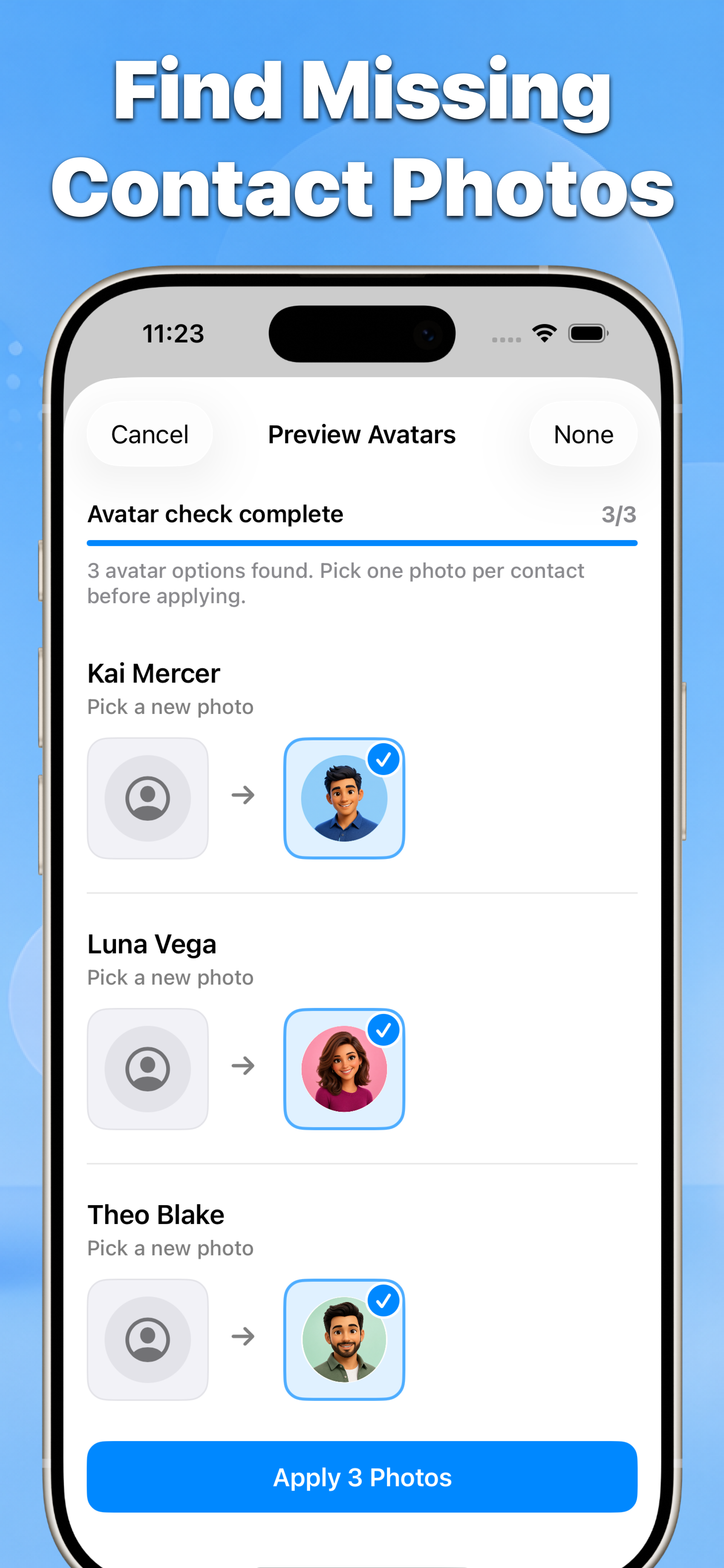 Contacts find missing contact photos preview with selectable avatar suggestions