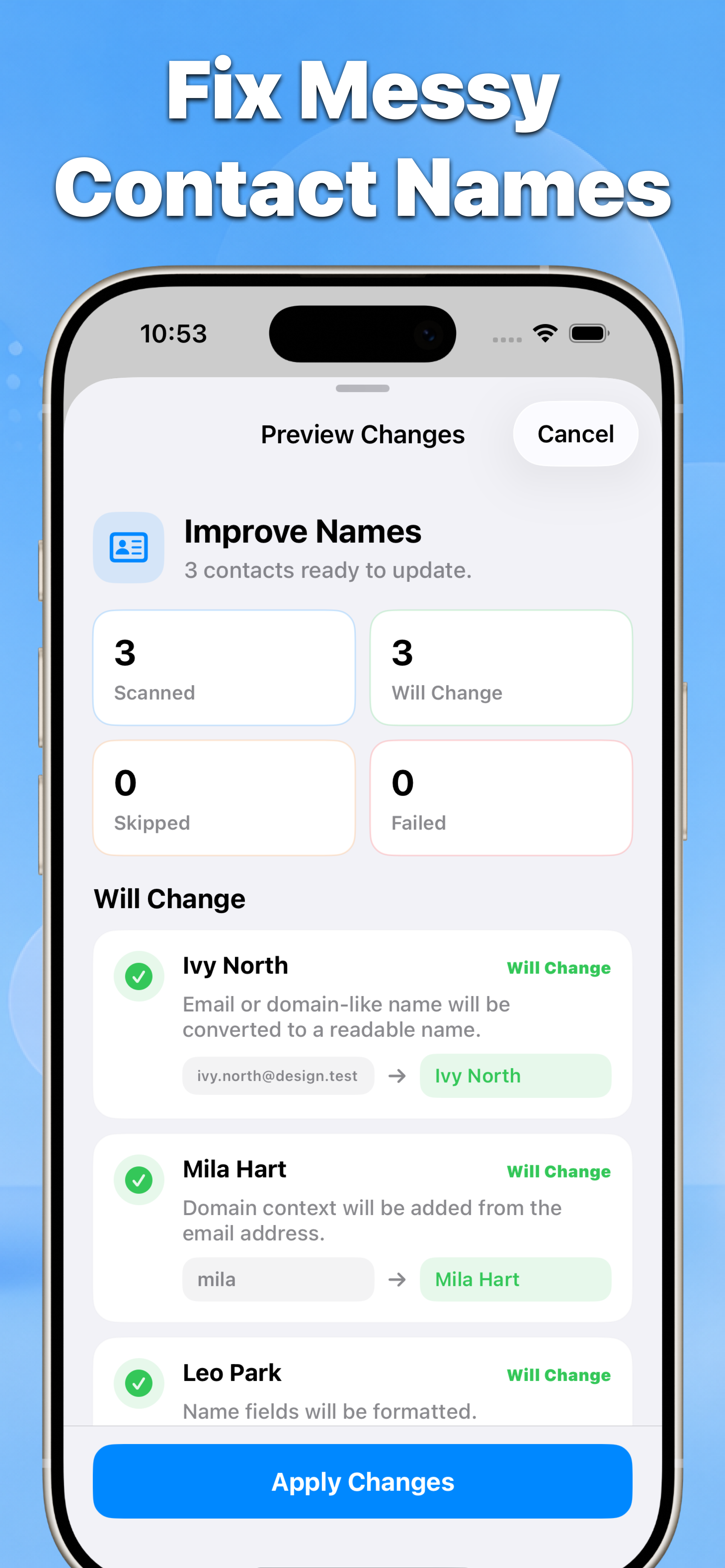 Contacts fix messy contact names preview with before and after values