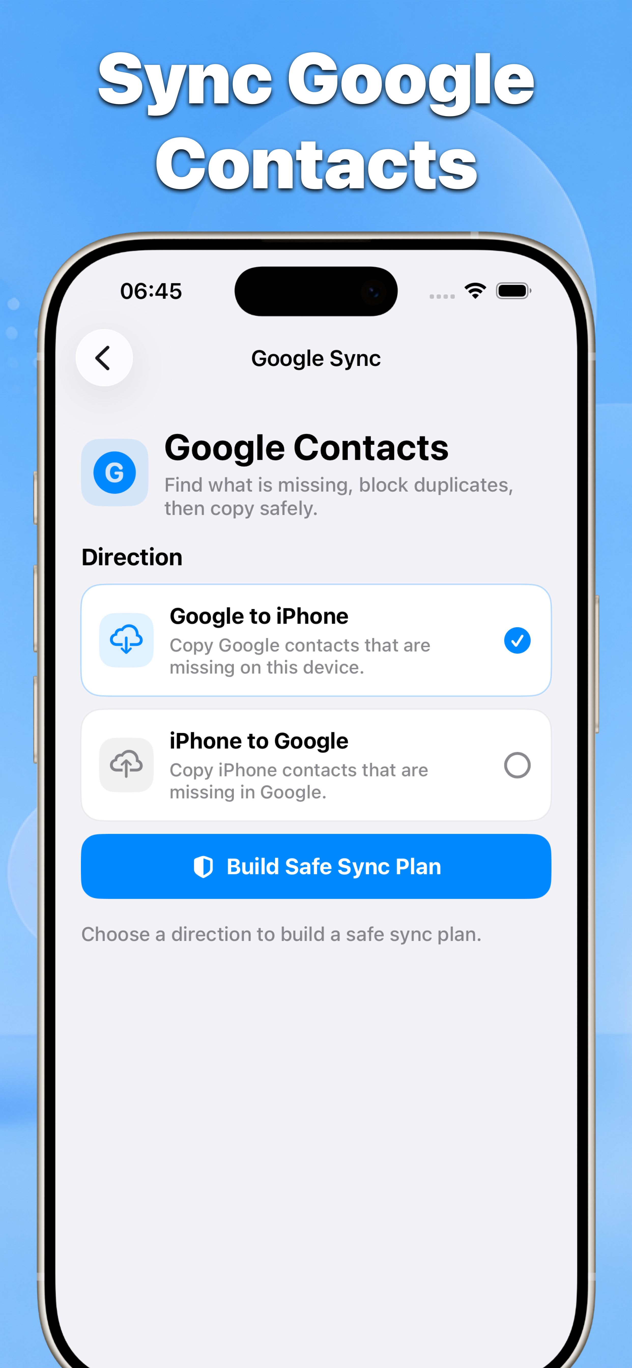 Contacts Google Contacts sync direction and safe sync plan preview