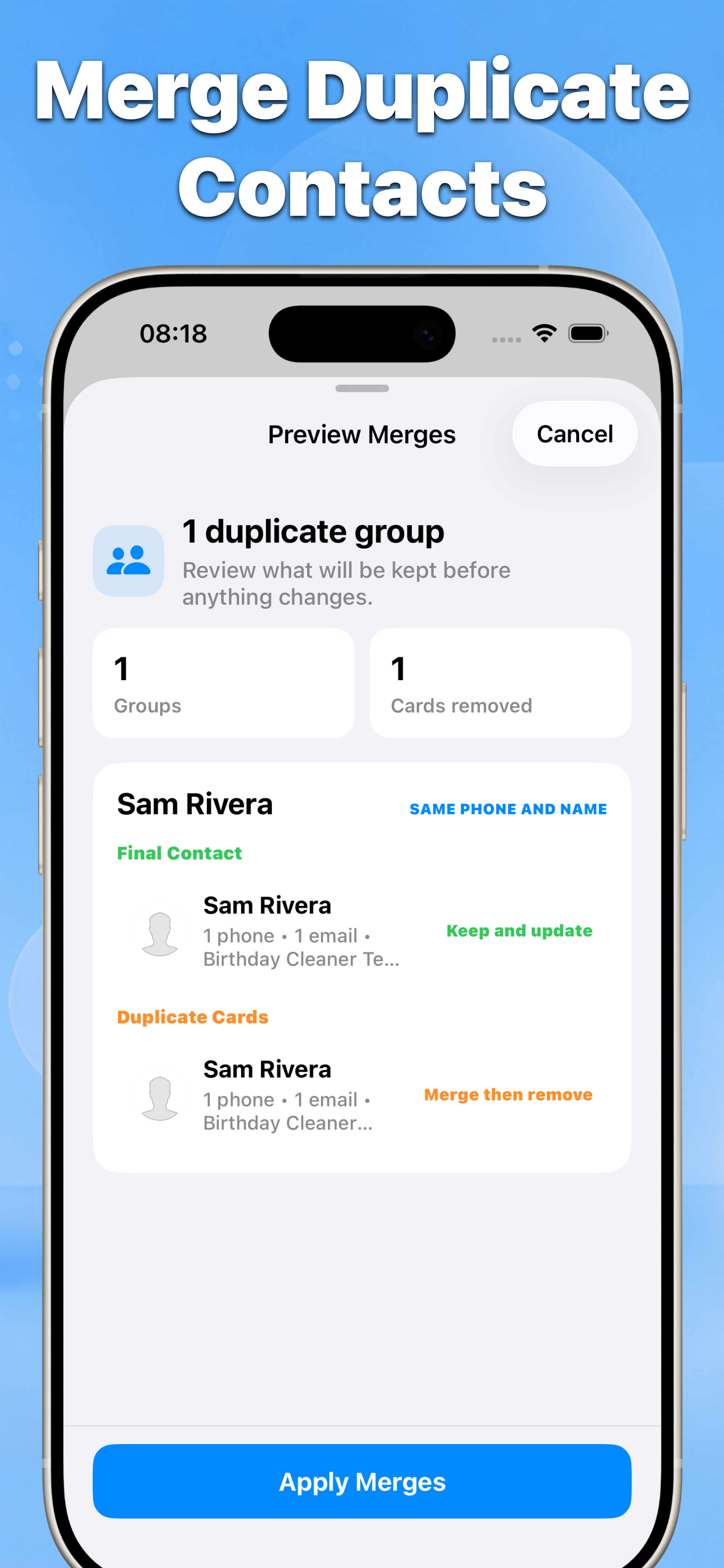 Contacts merge duplicate contacts preview showing the final contact and duplicate cards