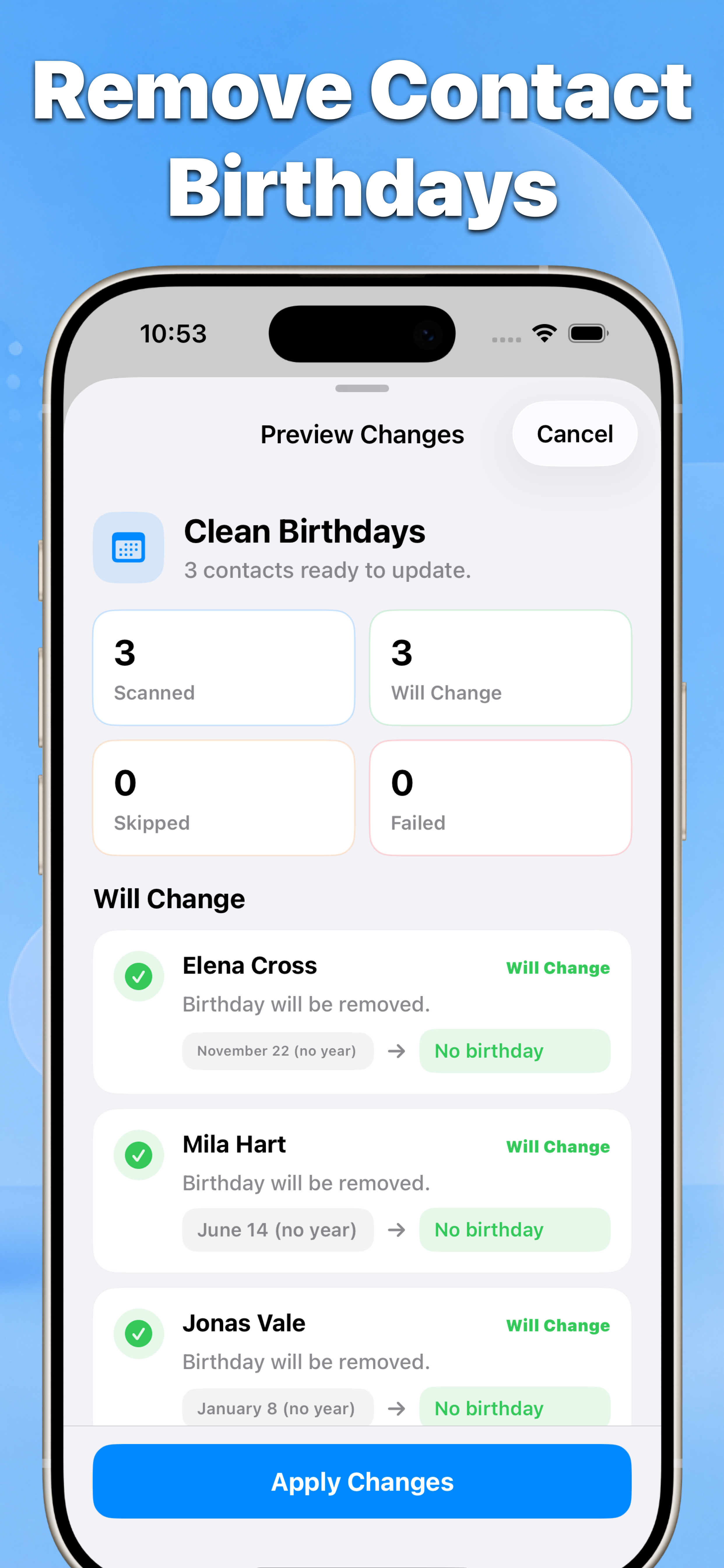 Contacts remove contact birthdays preview with changes listed before applying